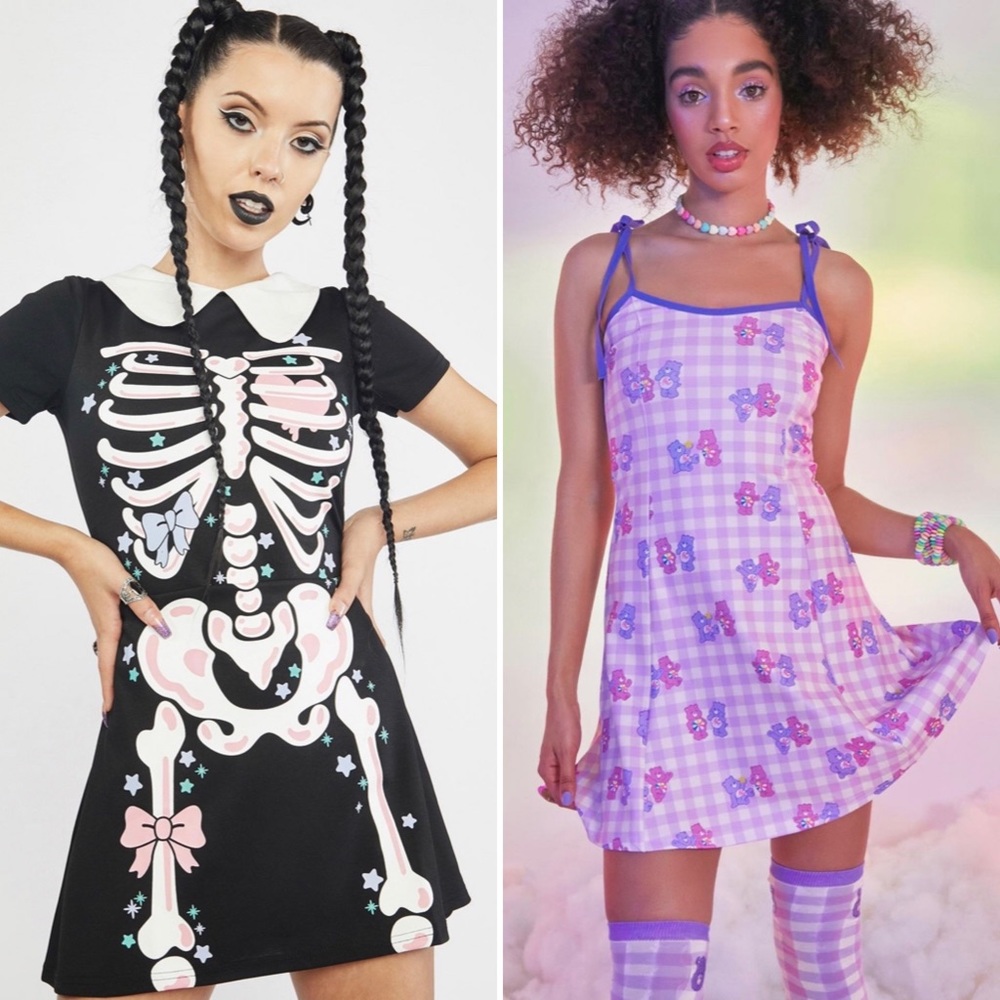 Two (2) Kawaii style Dolls Kill dresses. Rattle my bones&spreading cheer dresses